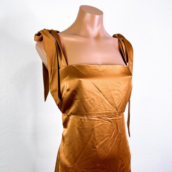 Social Bridesmaids 8224 Charmeuse Tie Shoulder Slit Maxi Dress Toffee Size M NWT - Picture 4 of 10